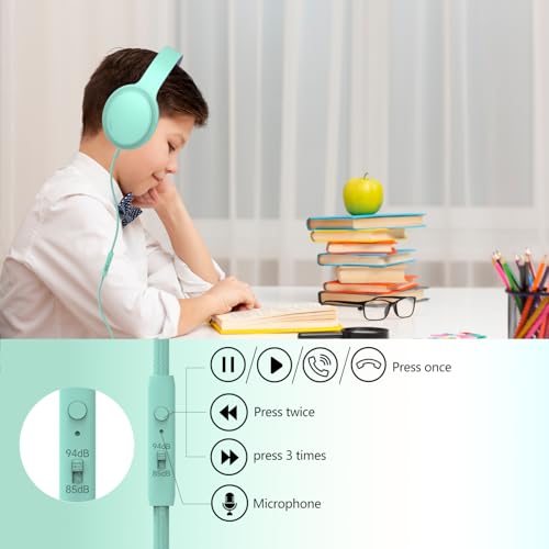 Kids Headphones Wired,Wired Headphones for Kids Over Ear with Microphone,85/94dB Volume Limiter Headphone for Kids Boys Girls Teens Children,3.5mm Wired Foldable Headphone for School/Tablet (Green) - color: Green