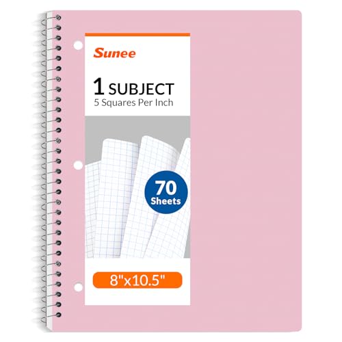 SUNEE Spiral Notebook, 1-Subject, Graph Ruled Paper, 8" x 10-1/2", 70 Sheets, 5 Squares per inch Spiral Grid Notebooks for Work, Home, School, Writing, Pink - color: Pink
