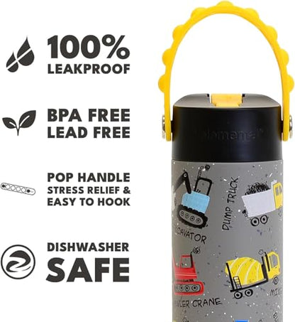 Elemental Insulated Kids Water Bottle, Stainless Steel Water Bottle with Straw Lid & Pop-It Handle, Leak-Proof Water Bottles for School, Boys or Girls, Travelling and Sports, 18oz - Construction - color: Construction