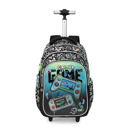 Cartoon Rolling Backpack for Boys Girls, Kids 5 Pcs Wheeled Backpack, Travel Backpack for Elementary Students (Game Black) - color: Game Black