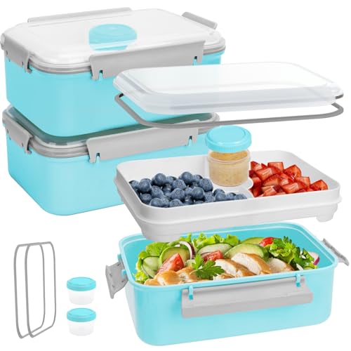 3 Pack Salad Lunch Box Food Storage Containers, 47oz Bento Box To Go Container with Lids, Meal Prep Containers with Removable Tray & Dressing Pots for Kids and Adults, Reusable and Microwave Safe - color: Blue & Blue & Blue