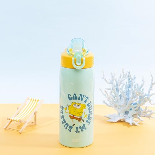 Zak Designs SpongeBob SquarePants Sage Kids Water Bottle For School or Travel, 19oz Stainless Steel Water Bottle With Straw, Handle, and Leak-Proof, Pop-Up Spout Cover (SpongeBob and Patrick) - color: SpongeBob and Patrick
