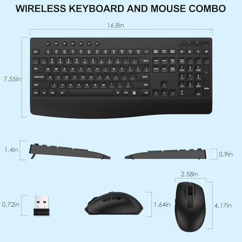 Wireless Keyboard and Mouse Combo, Full-Size Ergonomic Computer Set with Palm Rest, Lag-Free 2.4G USB Cordless Quiet Typing, Silent Click, Auto-Sleep for PC, Mac, Laptop, Windows (Black)