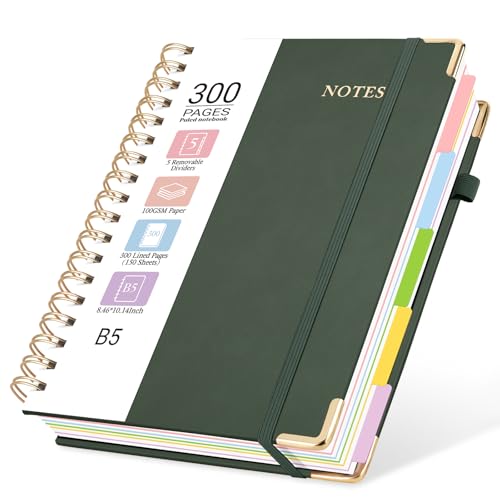 Hardcover Spiral Journal Notebook, 300 Pages 5 Subject Notebook College Ruled with Removable Dividers Tabs, 8" x 10" Notebooks for Work, Spiral Ruled Lined Writing Journal Hardcover Leather Notebook for School (Green, 8''x 10'') - color: Green