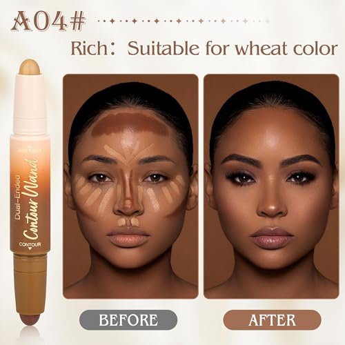 Contour Highlighter Stick，2-in-1 Dual-Ended Cream Bronzer & Highlighter Sticks Pen for Face Body Contouring Makeup- Buildable，Waterproof, Easy to Apply Suitable for Beginners，04Nude Brown+Nude - color: A04#Rich
