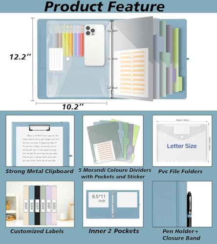 1 Inch 3 Ring Leather Binder Organizer, BVSSX Three Ring Binders with Clipboard, Plastic Folder, 5-Tabs Pocket Dividers with Sticker Labels, Pen Loop, Elastic Strap (Blue, Letter Size) - color: 4-blue, size: 1in（Letter Size）