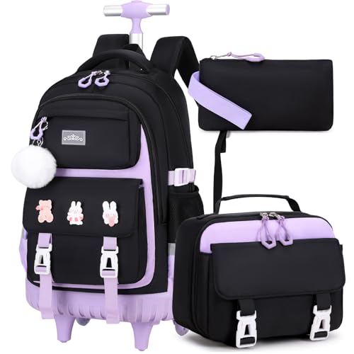 DIGOBAY Rolling Backpack for Girls, Roller School Bag with Wheels, Wheeled Backpacks with Lunch Bag Pencil case for Elementary School Bookbags with Cute Pins Blackpurple - color: Blackpurple