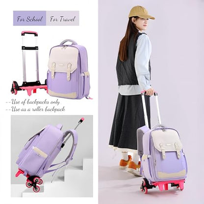 Purple Rolling Backpack for Girls Kids Roller Backpack with Wheels for Girls, Trolley School Bags for Primary Students, Kids Wheeled Bookbags on 6 Wheels, Purple - color: 6 Wheels Purple