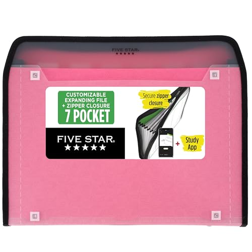 Five Star Expanding File Organizer + Study App, 7-Pocket Accordian File Organizer, Zipper Closure, Holds 8-1/2" x 11" Paper, Prom Pink (350099R) - color: Prom Pink, size: 8.5" x 11"