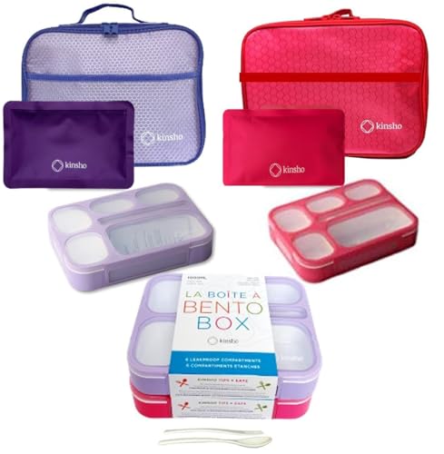 kinsho Lunch Boxes for Kids Girls Teens - Bento Box Set of 2 with Insulated Bag & Ice Pack, 6 Compartment Leak Proof Container, BPA-Free, Microwave Safe, Ideal for School & Work, Pink & Purple - color: Lilac + Pink