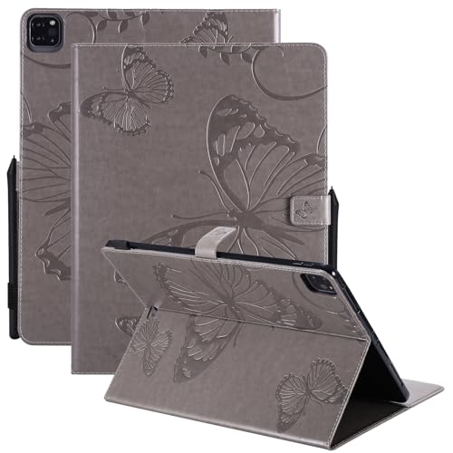 Dteck Wallet Case for iPad Air 13 Inch M2 2024 & iPad Pro 12.9 2022/2021/2020/2018 with Pencil Holder,Embossed Butterfly Auto Sleep/Wake PU Leather Smart Stand Girls Cute Folio Pocket Cover,Gray - color: 10 Gray