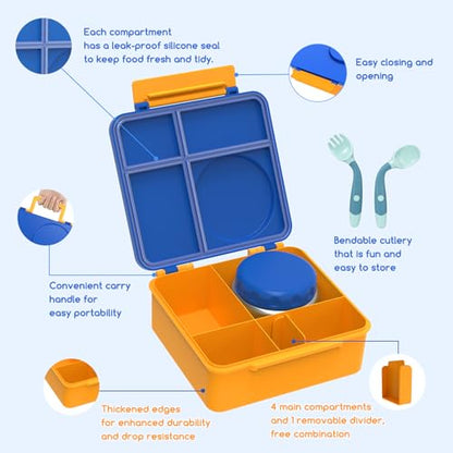 Bento Box for Kids - Leak-Proof Bento Lunch Box with Insulated Thermo Food Jar - 4 Compartments, 1 Removable Divider, 1 Spoon, 1 Fork - Dishwasher Safe, BPA-Free (Blue) - color: Blue