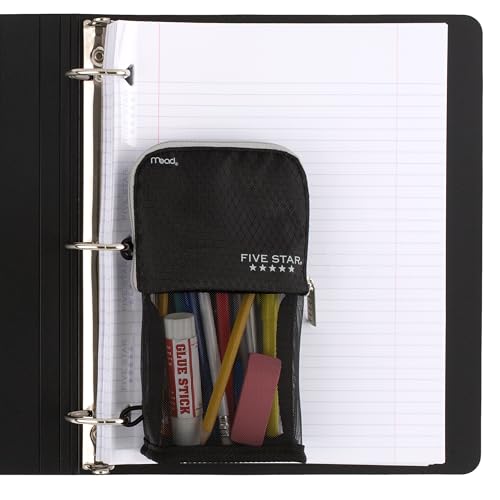 Five Star Pencil Pouch, Pen Case, Stand 'N Store Zipper Pouch, Fits 3-Ring Binder, Storage Organizer for Supplies Earbuds Chargers Cables Makeup, Black/Grey (505160A-ECM) - size: 2" x 4-1/2" x 8"
