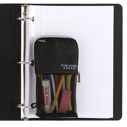Five Star Pencil Pouch, Pen Case, Stand 'N Store Zipper Pouch, Fits 3-Ring Binder, Storage Organizer for Supplies Earbuds Chargers Cables Makeup, Black/Grey (505160A-ECM) - size: 2" x 4-1/2" x 8"