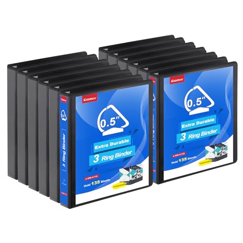 COMIX Heavy Duty 0.5 inch Slant-D Ring View Binder, 1/2 inch 3 Ring Binders, Hold 125 Sheets of 8.5" x 11" Paper, 12 Pack (Black) - color: Black, size: 1/2 inch, style: 12 Pack