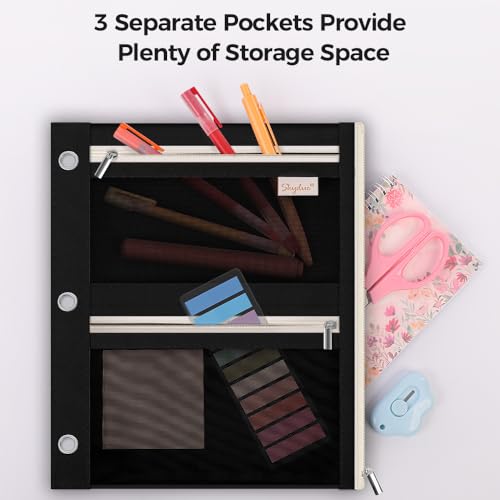 SKYDUE Pencil Pouch for Binder, Pencil Case, 3 Ring Binder Pencil Pouch with 3 Pockets and Mesh Window, Zipper Pencil Pouch, Durable Organizer for School Supplies, Cables, Earbuds, Makeup - color: Black