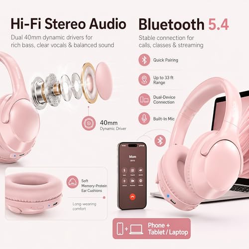 MIDOLA Bluetooth Headphones Over Ear 68H Playtime 6 EQ Wireless Headset with Microphone HiFi Stereo Foldable Lightweight Deep Bass for Travel Home Office Cellphone Pink - color: Pink