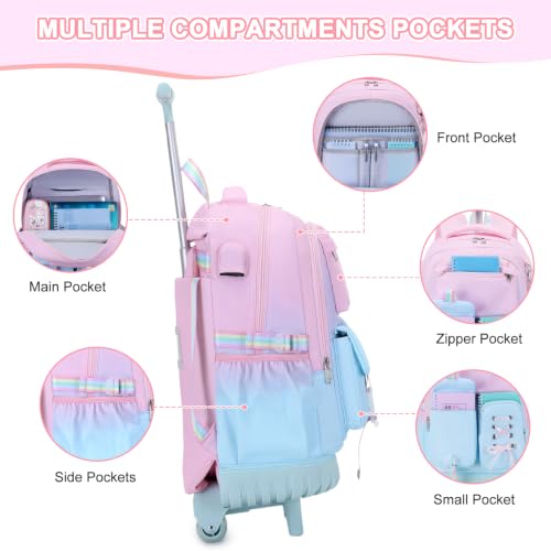 Scothen Rolling Backpack for Girls, Girls Backpack Set with Lunch Box & Pencil Pouch for Teen Girl Kids Children Elementary Middle School, Bookbag Daypack Laptop Travel Backpack with Wheels - color: Pink Blue