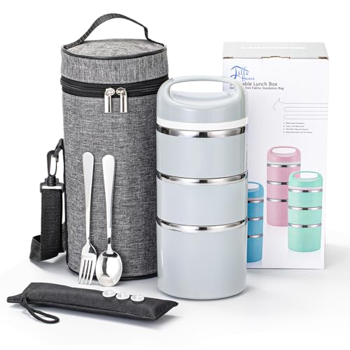 Lille Home Stackable Stainless Steel Thermal Compartment Lunch/Snack Box, 3-Tier Insulated Bento/Food Container with Lunch Bag, Utensils Set and Three Extra Seals, 43OZ (Gray with Utensils) - color: Gray with Utensils
