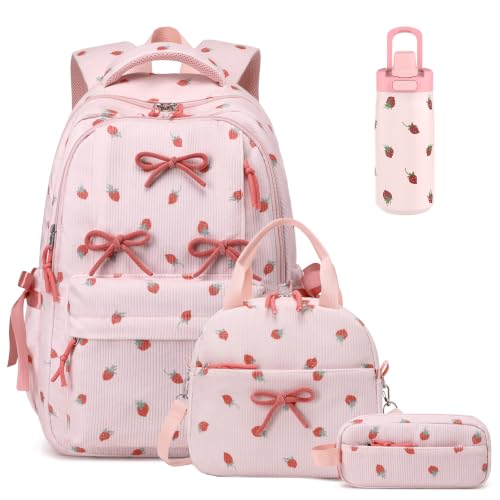 Backpack for Girls, Corduroy 4PCS Bow Girls Backpack with 14oz Insulated Water Bottle, Lunch Bag & Pencil Pouch, Lightweight School Bag Set for Kids Teen Elementray Middle School Student - color: Pink Strawberry