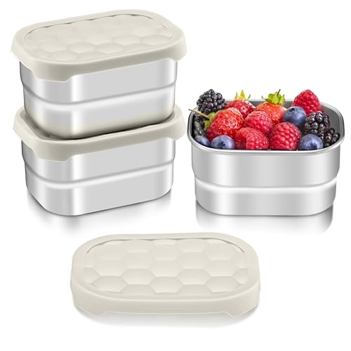 HaWare Stainless Steel Snack Containers for Toddlers and Kids, 8 oz Leak Proof Food Storage Containers with Khaki Silicone Lids, Stackable Small Metal Lunch Box for Daycare and School- 3 Packs - color: Khaki, size: 8oz×3