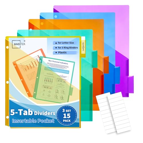 Binditek 5-Tab Binder Dividers with One Front Pocket, Fits Standard 3-Ring Binder, Large Pocket, Insertable Tabs for Quick Organization, Multicolor, 3 Sets (15 Pack) - size: 3 Set