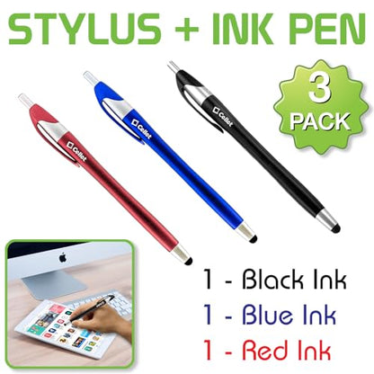 Cellet Black Touch Screen Stylus Pen and Ink Pen Combo Compatible to iPhones, iPads, iPad Air, iPad min, iPad Pro, Samsung Galaxy Tablet and All Smartphones (3 Pack)