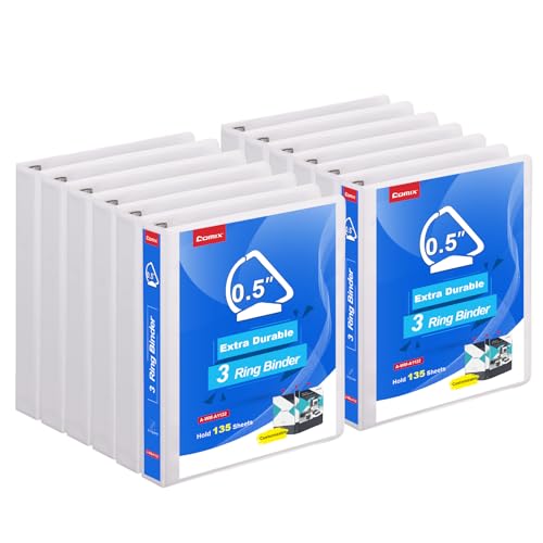 COMIX Heavy Duty 0.5 inch Slant-D Ring View Binder, 1/2 inch 3 Ring Binders, Hold 125 Sheets of 8.5" x 11" Paper, 12 Pack (White) - color: White, size: 1/2 inch, style: 12 Pack