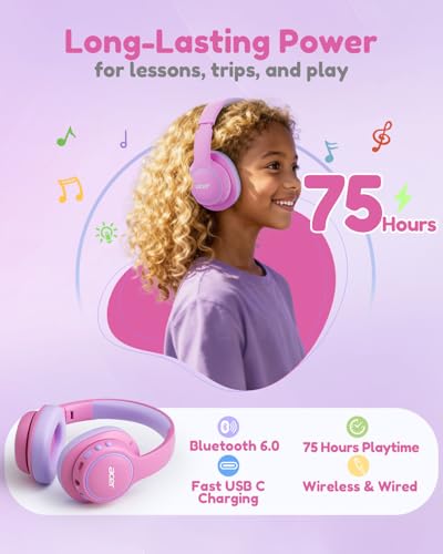 Acer Kids Bluetooth Headphones, Over Ear Headphone for Kids with Mic, 75H Playtime, 85dBA Safe Volume, Bluetooth 6.0, USB C Fast Charging, Toddler Headphones for iPad/Tablet/Travel/School-Pink | 75H Playtime, Bluetooth 6.0, 3.5mm Jack Aux Cord, 85dBA Safe