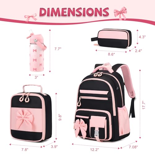 DIGOBAY Girls Backpack - Includes 14oz Insulated Water Bottle, Girls School Backpack Set with Lunch Bag & Pencil Case Teens for School (Black-Pink)