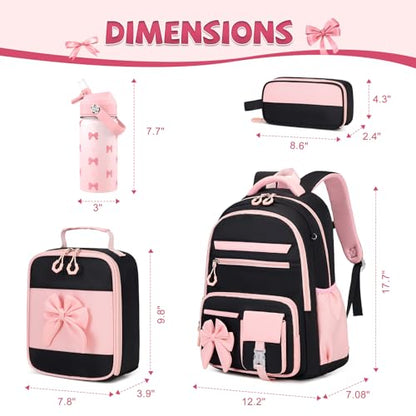 DIGOBAY Girls Backpack - Includes 14oz Insulated Water Bottle, Girls School Backpack Set with Lunch Bag & Pencil Case Teens for School (Black-Pink)
