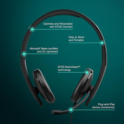 EPOS I SENNHEISER C10 USB Headset with Microphone | Wired Headphones with Simple and Flexible USB C Connection and EPOS BrainAdapt™ Technology ,Black