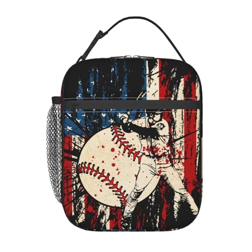 Baseball Stitches American Flag Insulated Lunch Bag, Baseball Sport Lunch Box Tote Cooler Reusable Lunch Pail Adjustable Shoulder Strap and Side Pocket Outdoors Meal Bag For Women - color: Baseball American Flag