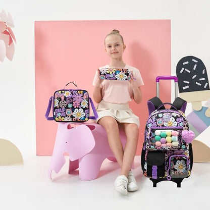 Meetbelify Backpack with Wheels for Girls Rolling Backpack Cute Carry on Backpack with Lunch Box for Elementary Student Teen Kids Luggage Travel Suitcase Girls 8-10 Black - color: Black Flower