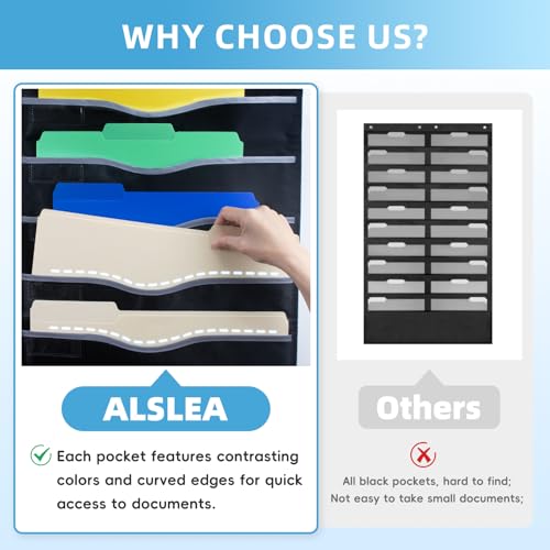 ALSLEA 22 Pockets Hanging Wall File Organizer, Sturdy Legal/Letter Size Manila File Folders Organizer, Classroom Pocket Chart with 2 Writable Clear Pockets, 6 Wall/Door Hooks & 24 Labels (Black) - size: Extra Large (22 Pockets)