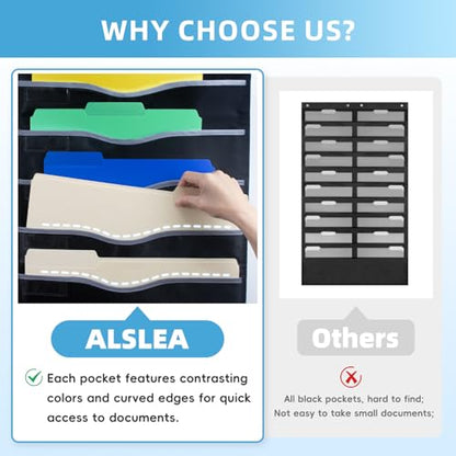 ALSLEA 22 Pockets Hanging Wall File Organizer, Sturdy Legal/Letter Size Manila File Folders Organizer, Classroom Pocket Chart with 2 Writable Clear Pockets, 6 Wall/Door Hooks & 24 Labels (Black) - size: Extra Large (22 Pockets)