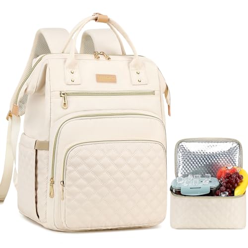 AIJIEKE Lunch Backpack for Women, 15.6 Laptop Backpack, Lunch Box, Beige | Water resistant computer bag with insulated leakproof cooler. Travel meal prep backpack for nurse, teacher, college commute - color: Beige