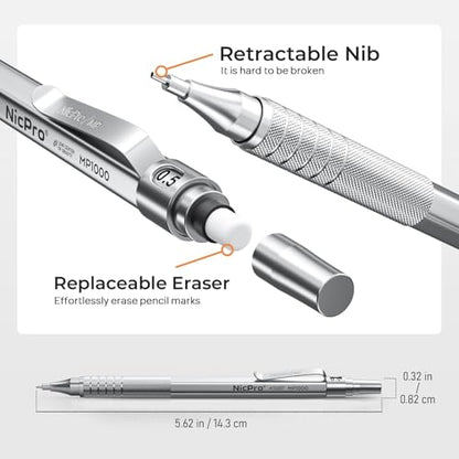 Nicpro 45PCS Black & Silver Metal Mechanical Pencil Set in Leather Case, Art Drafting Pencil 0.5, 0.7, 0.9 mm, 2mm Lead Holders for Sketching Drawing With 27 Tube (6B 4B 2B HB 2H 4H Colors)Lead Refill - color: Black & Silver
