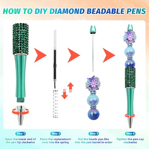 150 Pcs DIY Diamond Beadable Pen Kit - 50 Plastic Rhinestone Beaded Pens Bulk with Refills & Bags - Fancy Cute Glitter Pens for Crafting, Students & Teachers – School Supplies (Green) - color: Green, size: 50