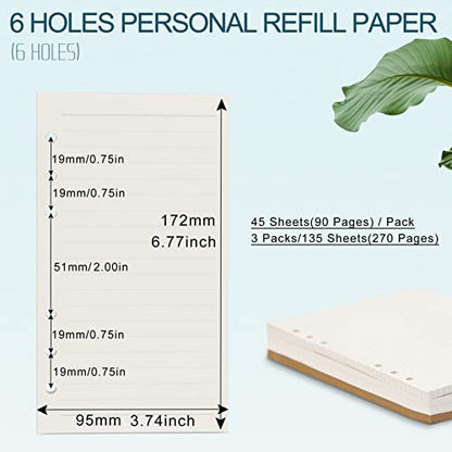 A6 Refill Paper, [3 Pack] Toplive 100GSM Thick Refillable Paper 6 Hole Filler Inserts Loose Leaf Paper 135 Sheets (270 Pages) for 6 Ring Binder Journal Notebook-Lined Paper - style: Line 3 Pack