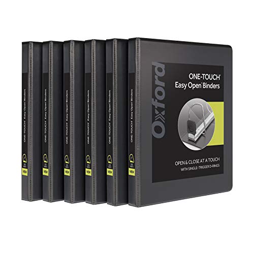 Oxford 3 Ring Binders, 0.5 inch ONE-Touch Easy Open D Rings, Durable Binders for School and Office, View Binder Covers, Xtralife Hinge, Non-Stick, PVC-Free, Black, Holds 125 Sheets, 6 PK (79901) - size: 0.5 Inch