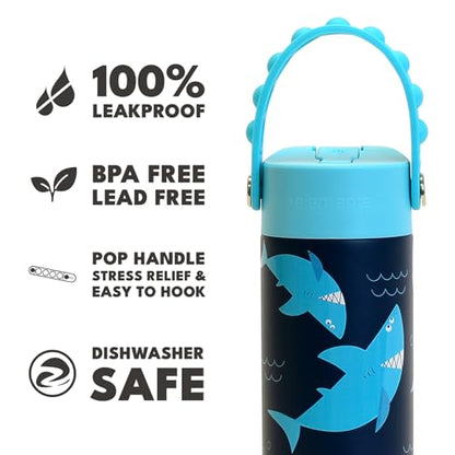 Elemental Insulated Kids Water Bottle, Stainless Steel Water Bottle with Straw Lid & Pop-It Handle, Leak-Proof Water Bottles for School, Boys or Girls, Travelling and Sports, 18oz - Sharks Ahoy - color: Sharks Ahoy
