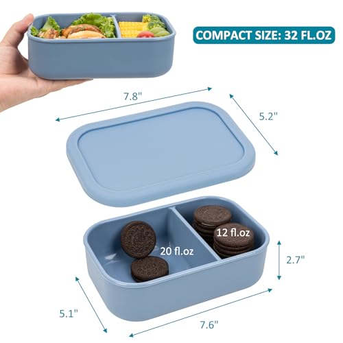 100% Silicone Bento Box Adult with 2 Compartments, 32oz, Reusable Divided Lunch Box Meal Prep Containers for Entree and Side Food Snack Storage, BPA-Free Plastic-Free, Microwave Dishwasher safe, Blue - color: Green | 32oz | 2-Compartment