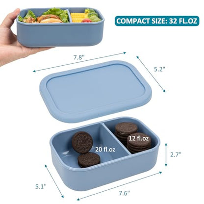 100% Silicone Bento Box Adult with 2 Compartments, 32oz, Reusable Divided Lunch Box Meal Prep Containers for Entree and Side Food Snack Storage, BPA-Free Plastic-Free, Microwave Dishwasher safe, Blue - color: Green | 32oz | 2-Compartment