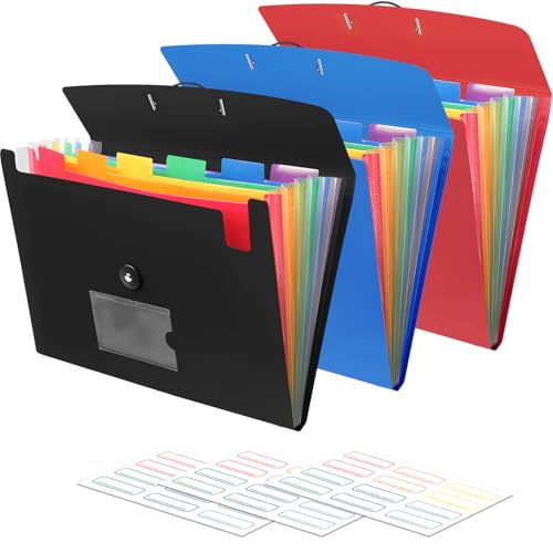 3 Pack 7 Pocket Accordian File Organizer, Expanding File Folder with Labels, Plastic Expandable File Folder for Documents Letter Size A4 Papers - size: 3 Pack 7 Pocket