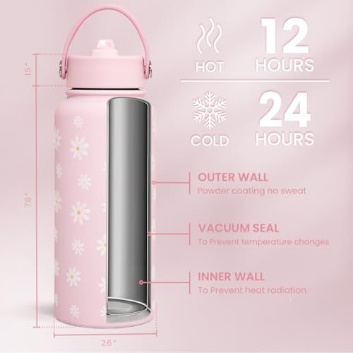 SANDJEST Daisy Water Bottle Stainless Steel 32oz Insulated with Lid, Flower Water Bottles Gifts for Women Girls Friends Teens Birthday Christmas - color: Daisy