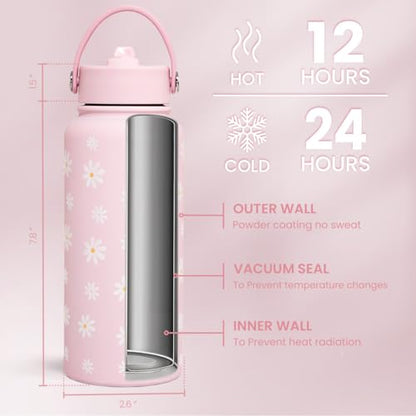 SANDJEST Daisy Water Bottle Stainless Steel 32oz Insulated with Lid, Flower Water Bottles Gifts for Women Girls Friends Teens Birthday Christmas - color: Daisy