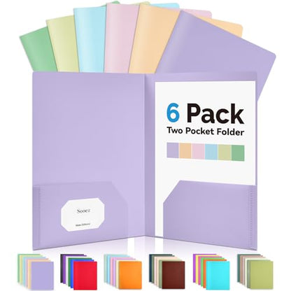 Sooez 6Pack Folders with Pockets, Pastels Colors, Heavy Duty Pocket Folder, Plastic Folders with Pockets, 2-Pocket Folder Bulk, Aesthetic File Folder, Back to School Office Filing Supplies - color: Pastels Colors