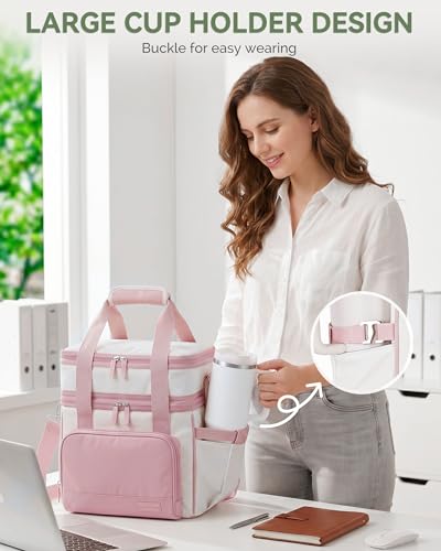 HOMESPON Double Layer Lunch Bag for Women Men, 14L Large Insulated Lunch Box with Shoulder Strap, Expandable Cooler Tote with Cup Holder for Work Office Picnic, Pink - color: Pink