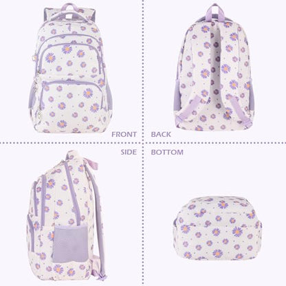 Glodwheat Daisy Printed Backpack For Girls- 3Pc Set With Lunch Box & Pencil Case, Lightweight Water-Resistant Bookbag For Elementary School - color: White